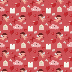 Obraz premium Valentine’s Day pattern with cupids, clouds, hearts on a red background. Seamless background perfect for use in textiles, wallpapers, and festive decorations.