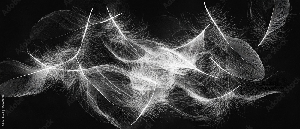 Poster elegant black and white abstract background with delicate feathers floating gracefully in ethereal d