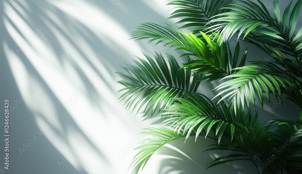 Poster tranquil minimalist abstract background with soft blue texture and palm leaf shadows