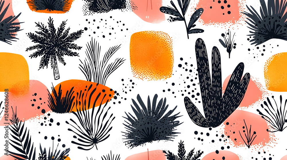 Poster colorful plants and abstract shapes on a light background with graphical elements and textures