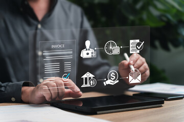 E-invoice online digital invoices and statements software technology concept, Businessman send an invoice to customers procedure for receiving payments via the online system, Payment Receipt