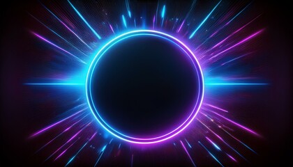 Template for text : Blue and purple neon glowing glare circle with rays. Frame isolated on black background, frame, idea