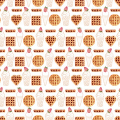 Watercolor seamless pattern with wafers of various shapes. Heart waffles, square waffles, and round waffles
