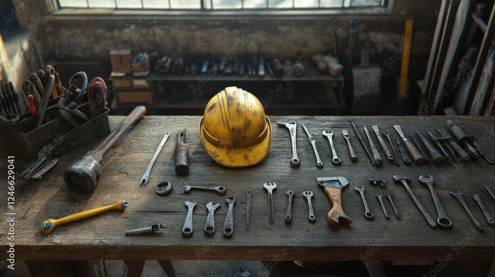 Aufkleber tools and safety gear in a workshop setting for construction projects