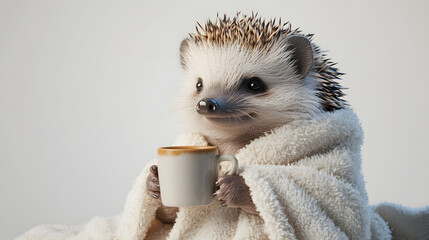 A smiling hedgehog wrapped in a fluffy bathrobe can be used in advertising, social media content,  shops, artistic works, video content, advertising campaigns, relaxation products,