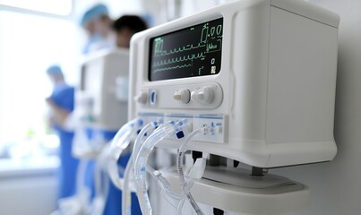 Hospital ventilator machine with medical team in background, ready for patient care