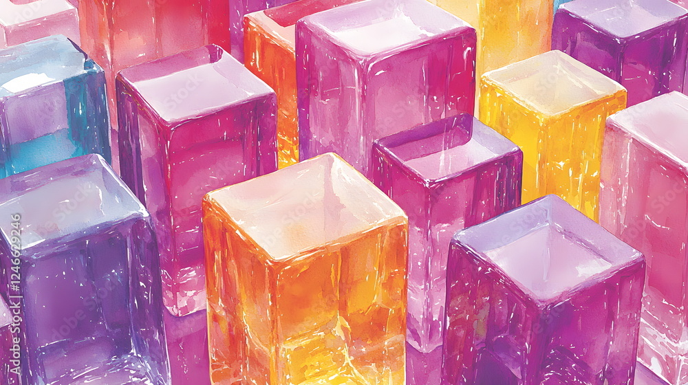 Poster colorful transparent ice cubes stacked in various positions creating a vibrant display.
