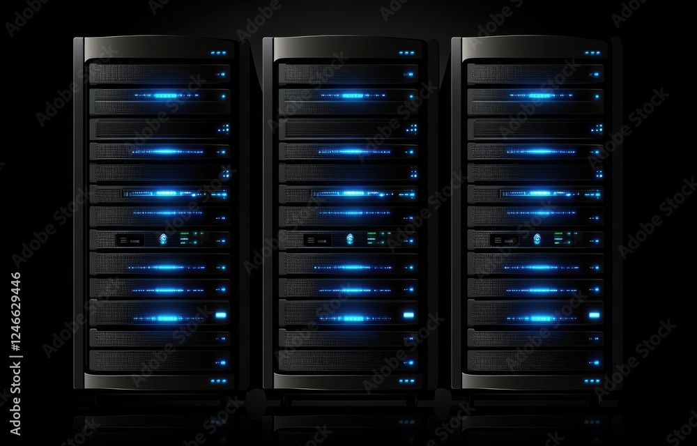 Aufkleber A sleek data center with advanced black server racks illuminated by blue LED lights, highlighting efficiency and innovation. Ideal for IT and technology themes