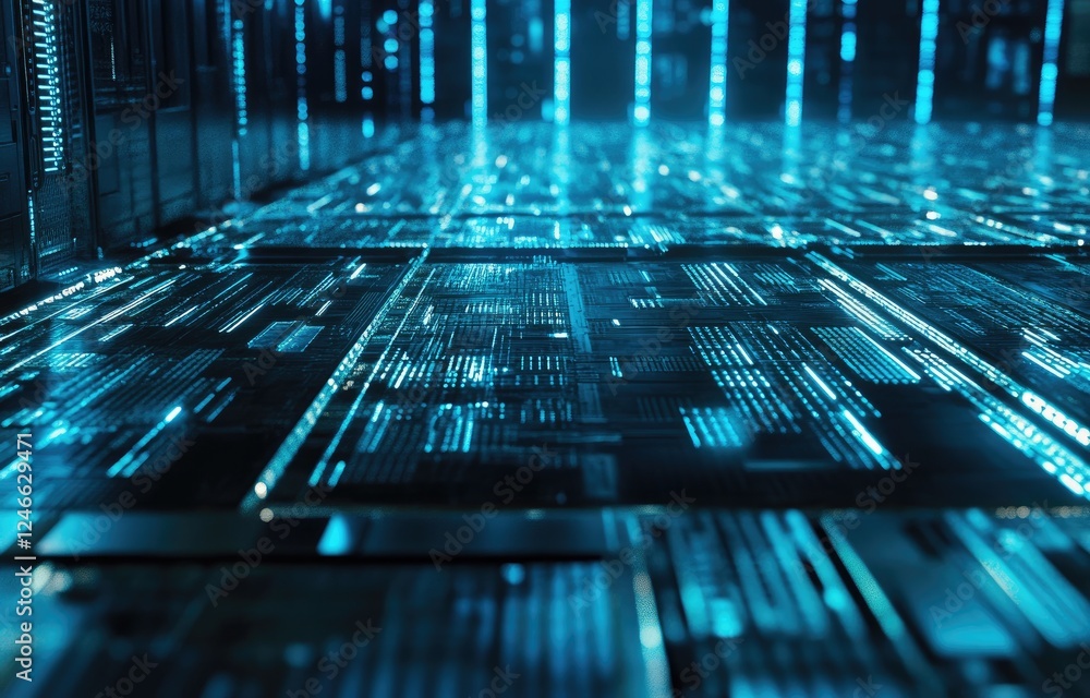Poster A detailed futuristic digital floor illuminated with glowing blue circuits, symbolizing advanced technology and data systems. Ideal for technology, innovation, and digital themes