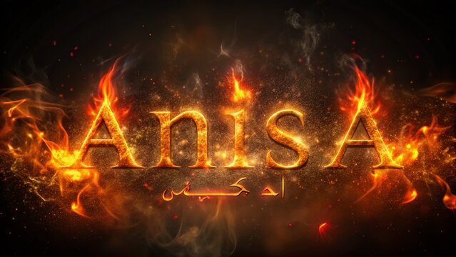 3D Fiery Arabic Name Anisa in Hindi Font - Dark Background Stock Photo