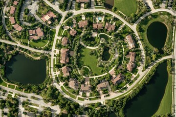Aerial View of Modern Residential Community Surrounded by Lush Greenery and Water Bodies