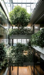 Fototapeta premium Indoor trees in modern atrium with skylight, biophilic design