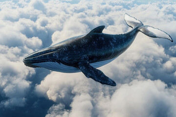 Fototapeta premium Majestic flying whale glides effortlessly among fluffy white clouds in a breathtaking sky