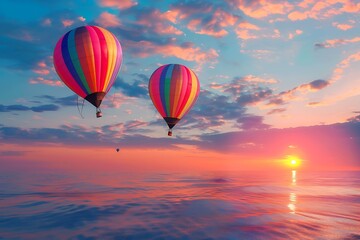 Fototapeta premium Hot air balloons over the sea at sunset. 3d render illustration