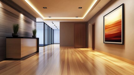 Modern interior of a sleek hallway with polished wooden floors, stylish decor, and vibrant artwork