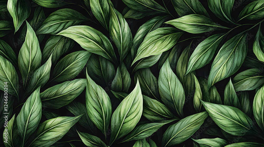 Poster lush green leaves overlapping on a dark background creating a natural texture.