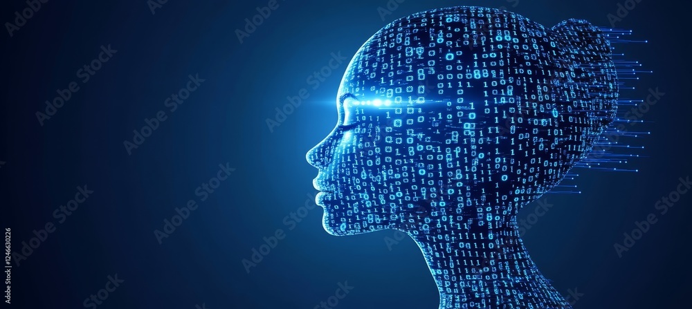 Poster abstract digital human head profile with glowing blue circuitry and binary code on dark background