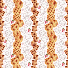 Watercolor seamless pattern with wafers of various shapes. Heart waffles, square waffles, and round waffles