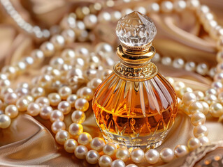 classic perfume bottle surrounded by elegant strands of pearls, exuding luxury and charm