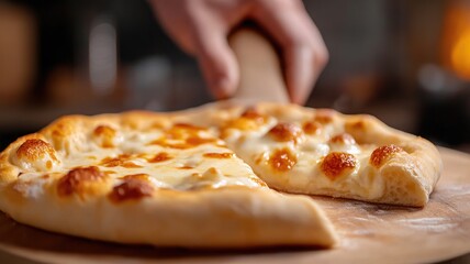 Hand holding wooden peel with freshly baked pizza