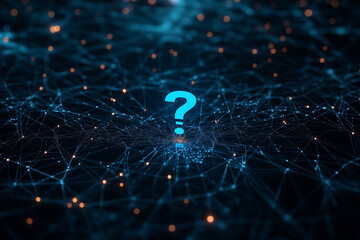 Abstract technology background with digital wireless network concept and blue question mark on the screen, with connection lines in dark color