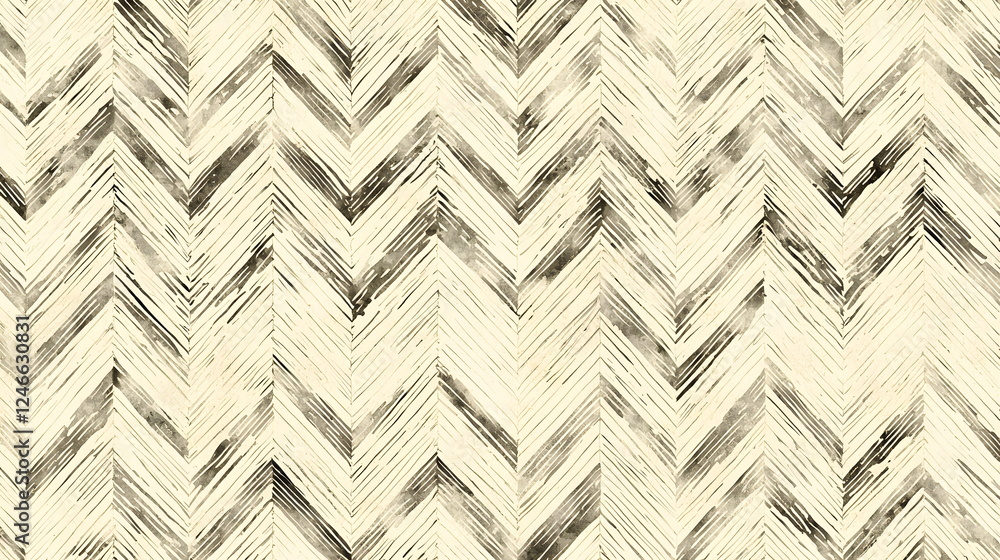 Poster zigzag pattern in black and white with textured strokes on a light beige background.