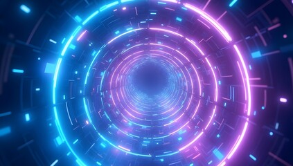 Fototapeta premium Futuristic Neon Light Tunnel Glowing with Blue and Purple Circles Background for Sci-Fi Projects, Cyberpunk Visuals & Digital Media (JPG)