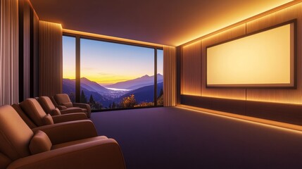 Modern home theater with plush seating, panoramic mountain view at sunset, perfect for relaxation