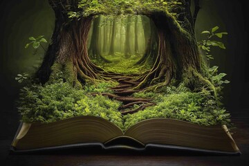 Book transformed into a forest landscape with intricate tree details and vibrant colors