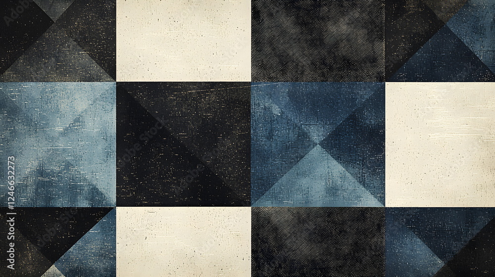 Poster geometric pattern with dark blue, black, and cream sections arranged in squares and triangles.
