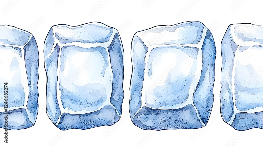 Poster ice cubes with a transparent background arranged in a row, highlighting their clear, cool appearance