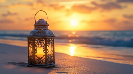 Elegant Lantern on Beach at Sunset