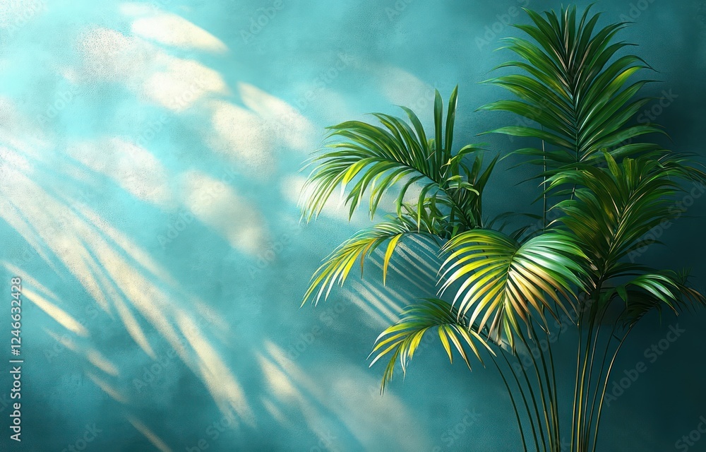 Poster minimal abstract background with palm leaf shadows on light blue surface for spring and summer
