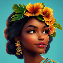 Black Woman with Tropical Flower hair clip. Glamourous black woman. African American beautiful girl with floral decorations hairstyle. Woman with dark skin and tropical flower hair clip.