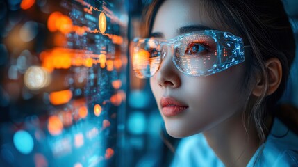 A focused individual wearing futuristic glasses looks intently at a vibrant digital display filled with data and glowing elements.
