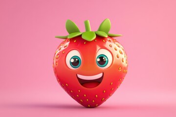 Obraz premium Happy Cartoon Strawberry Character with Big Eyes and Smiling Face on Pink Background