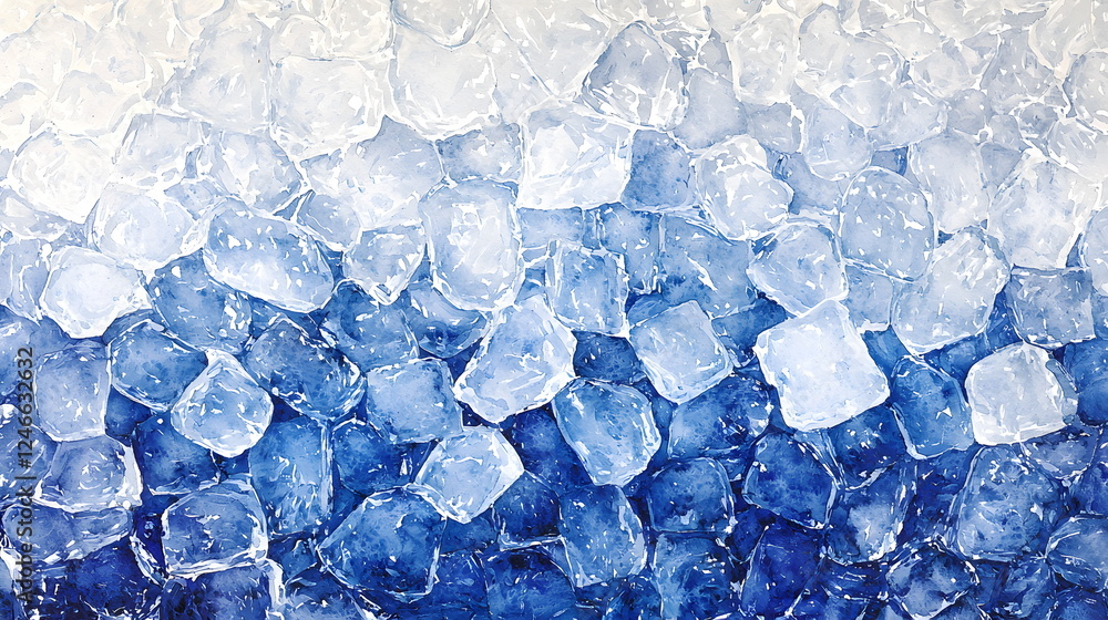 Poster ice cubes arranged in layers featuring a gradient from clear to deep blue color.