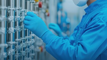 Close-up of a technician in blue gloves operating machinery in a sterile environment, showcasing precision and technology in industry.