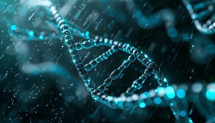 3d illustration of dna helix with binary code, abstract background