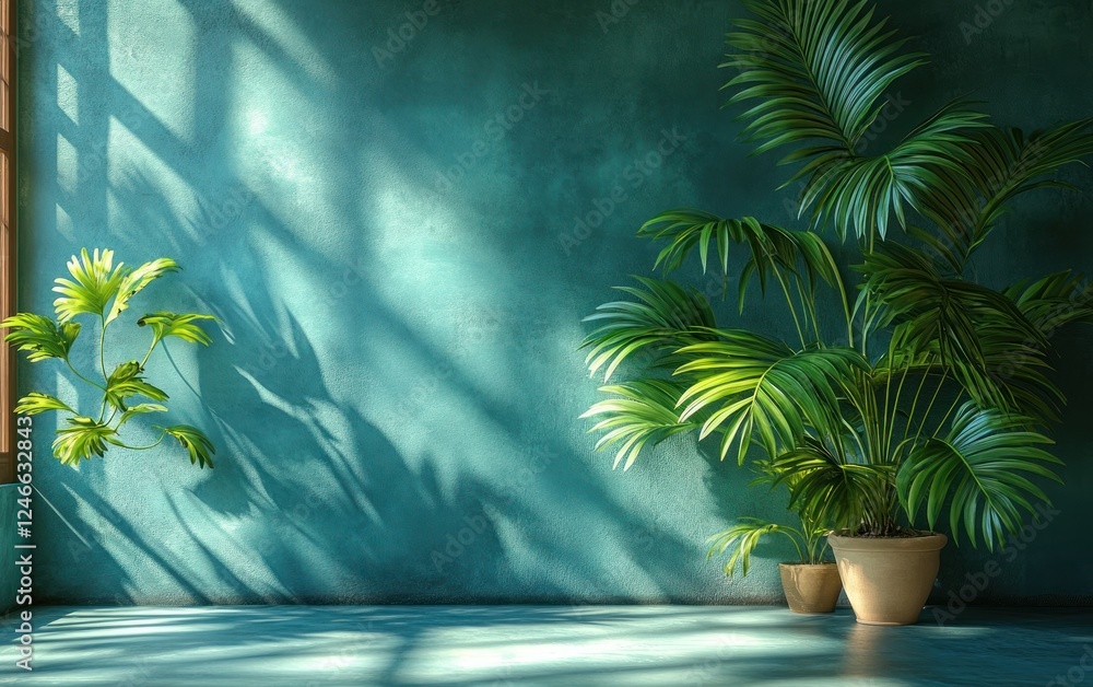 Poster minimal abstract background with blurred palm leaf shadows on soft turquoise wall