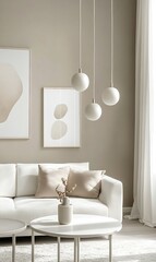 Minimalist living room interior with white sofa, neutral decor, and pendant lights