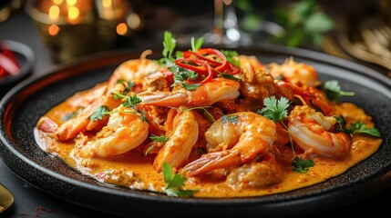Spicy shrimp curry with chili and herbs  
