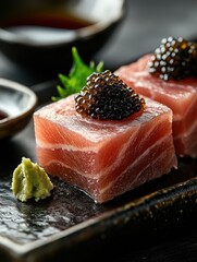 Premium tuna sashimi with black caviar topping  
