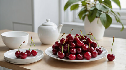 Cherry on a white plate close-up