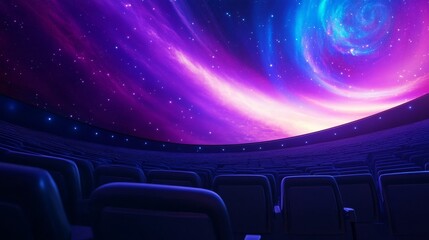 Fototapeta premium A vibrant cosmic scene projected in a modern planetarium, showcasing swirling galaxies and stars