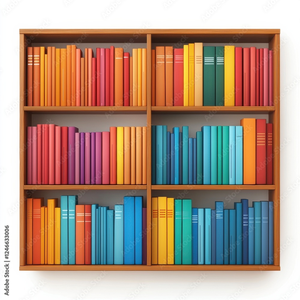 Poster a vibrant bookshelf displays a spectrum of colorful books arranged neatly, creating an inviting and 