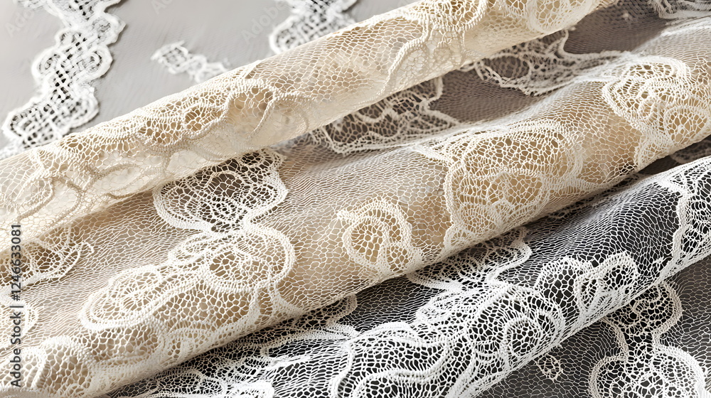 Poster lace fabric displaying intricate patterns in soft cream and gray tones stacked together elegantly.