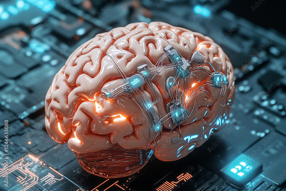 Fototapete futuristic brain design featuring circuit board elements merging technology with organic structure