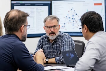 A small group discussing cybersecurity solutions, with network diagrams in the background.