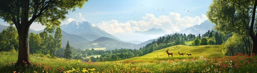 Obraz premium Serene Springtime Valley with Vivid Fields and Gentle Wildlife under a Clear Horizon